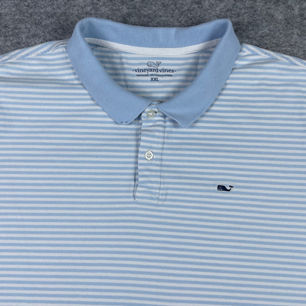 Vineyard Vines Polo Shirt Mens XXL Blue White Striped Short Sleeve Stretch Pique